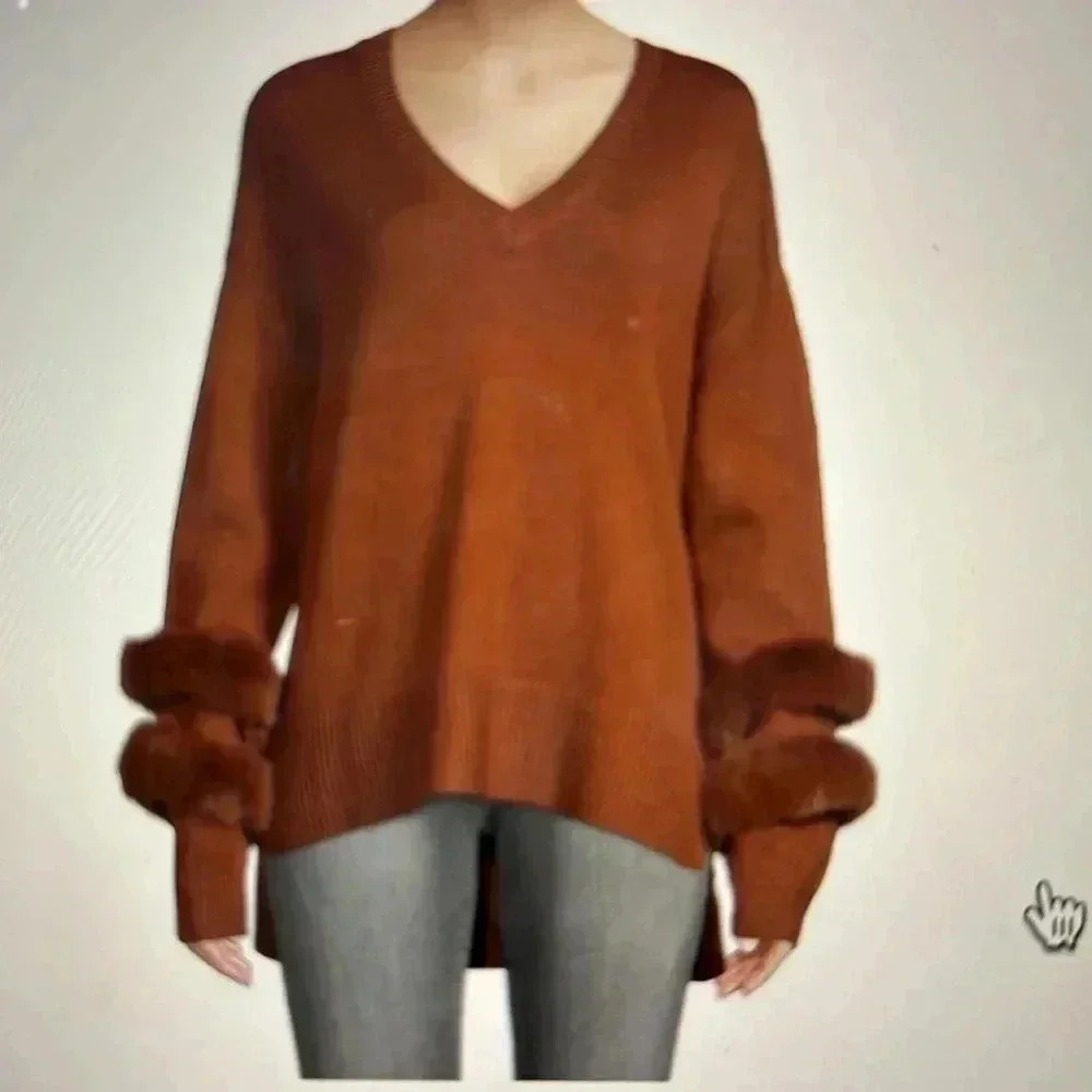 SAKS FIFTH AVE Faux Fur Trim V Neck Sweater  Brown Size S